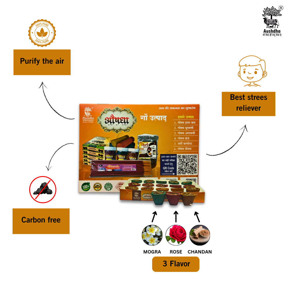 Aushdha 3IN1 Gomay Vedic Sambrani Cup – 15 Cups with Free Holder (Chandan, Mogra, Gulab)