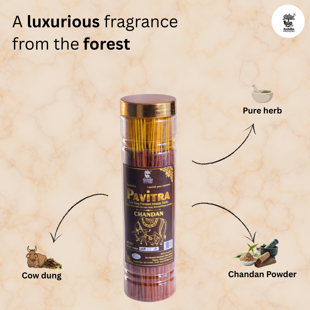 Aushdha Pavitra Cow Dung Premium Incense Sticks – 250g (Chandan Fragrance)