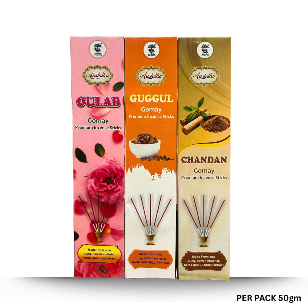 Aushdha Gomay Premium Agarbatti– Mixed Fragrance Pack (Gulab, Chandan, Guggul) – 50g Each | Pack of 12