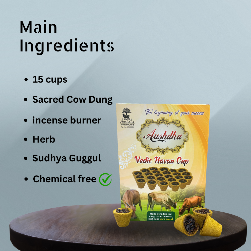 Aushdha Vedic Hawan Cup - 15 Natural Cow Dung Cups with Holder
