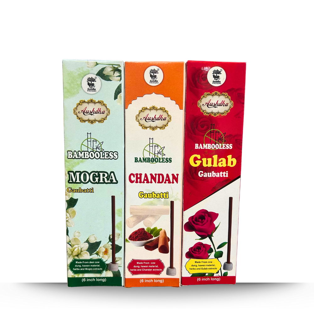 Aushdha Bambooless Gaubatti Pack of 12 (6 Inch) 10 sticks per box – Chandan, Mogra & Gulab Fragrance
