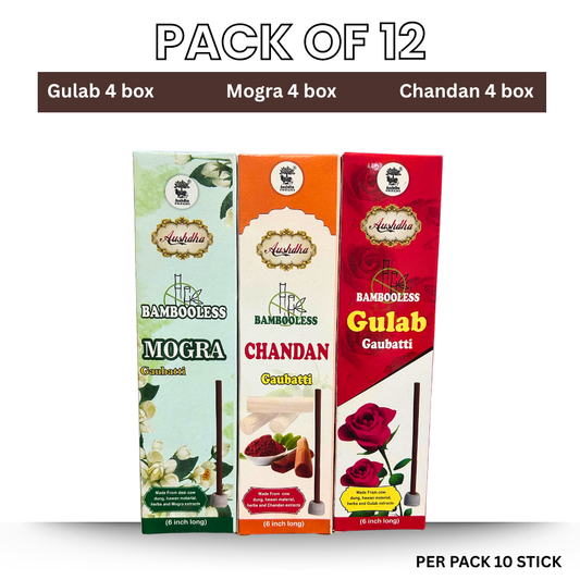 Aushdha Bambooless Gaubatti Pack of 12 (6 Inch) 10 sticks per box – Chandan, Mogra & Gulab Fragrance