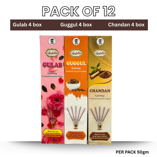 Aushdha Gomay Premium Agarbatti– Mixed Fragrance Pack (Gulab, Chandan, Guggul) – 50g Each | Pack of 12