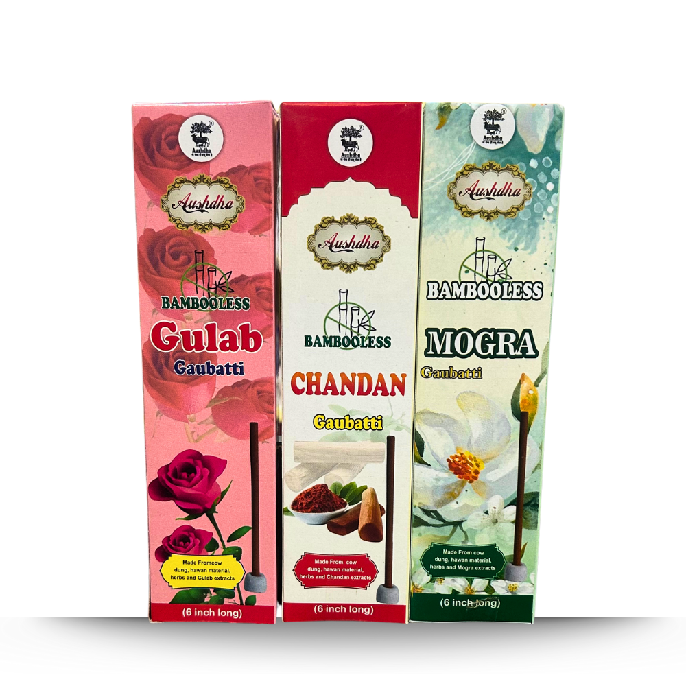 Aushdha Bambooless Gaubatti Pack of 12 (6 Inch) 20 sticks per box – Chandan, Mogra & Gulab Fragrance