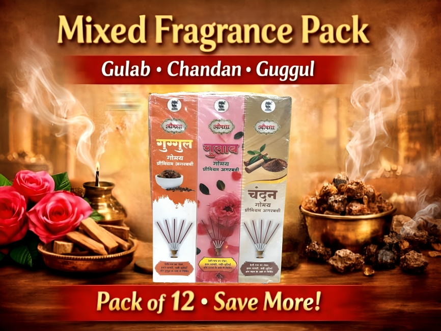 Aushdha Gomay Premium Agarbatti– Mixed Fragrance Pack (Gulab, Chandan, Guggul) – 50g Each | Pack of 12