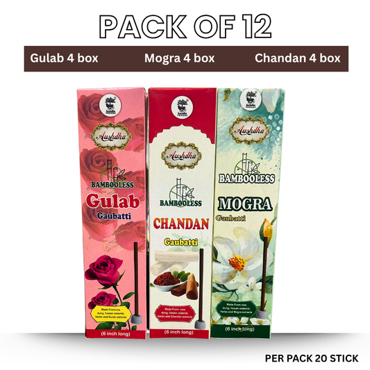 Aushdha Bambooless Gaubatti Pack of 12 (6 Inch) 20 sticks per box – Chandan, Mogra & Gulab Fragrance
