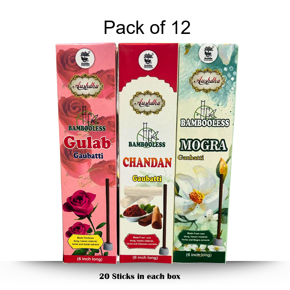 Aushdha Bambooless Gaubatti Pack of 12 (6 Inch) 20 sticks per box – Chandan, Mogra & Gulab Fragrance