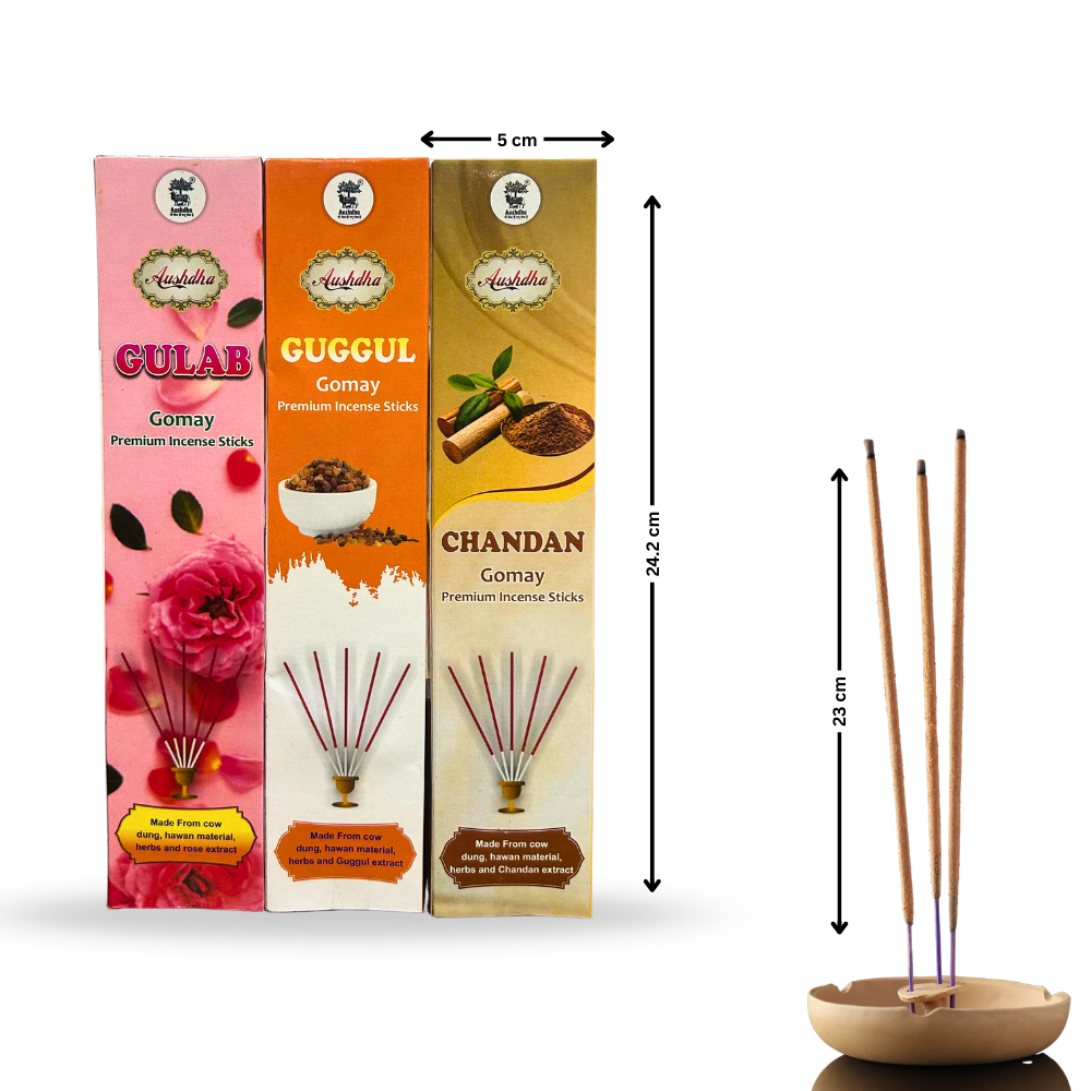 Aushdha Gomay Premium Agarbatti– Mixed Fragrance Pack (Gulab, Chandan, Guggul) – 50g Each | Pack of 12