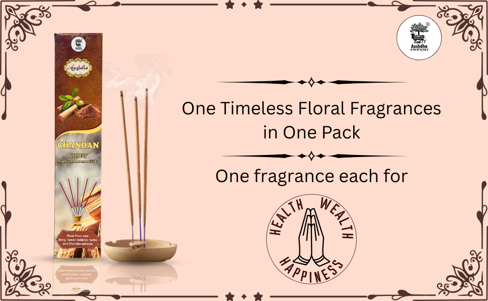 Aushdha Gomay Premium Agarbatti– Mixed Fragrance Pack (Gulab, Chandan, Guggul) – 25g Each | Pack of 12