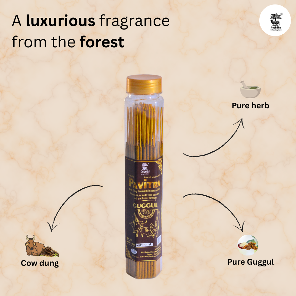 Aushdha Pavitra Cow Dung Premium Essence Sticks – 100g (Guggul Fragrance )