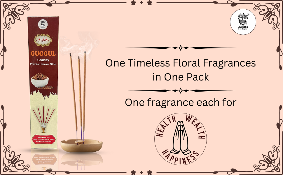 Aushdha Gomay Premium Agarbatti– Mixed Fragrance Pack (Gulab, Chandan, Guggul) – 25g Each | Pack of 12