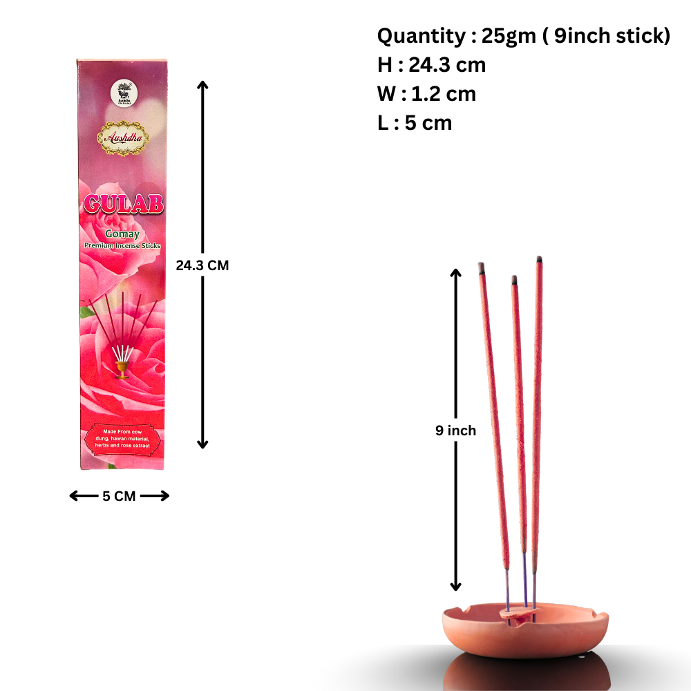 Aushdha Gomay Premium Agarbatti– Mixed Fragrance Pack (Gulab, Chandan, Guggul) – 25g Each | Pack of 12