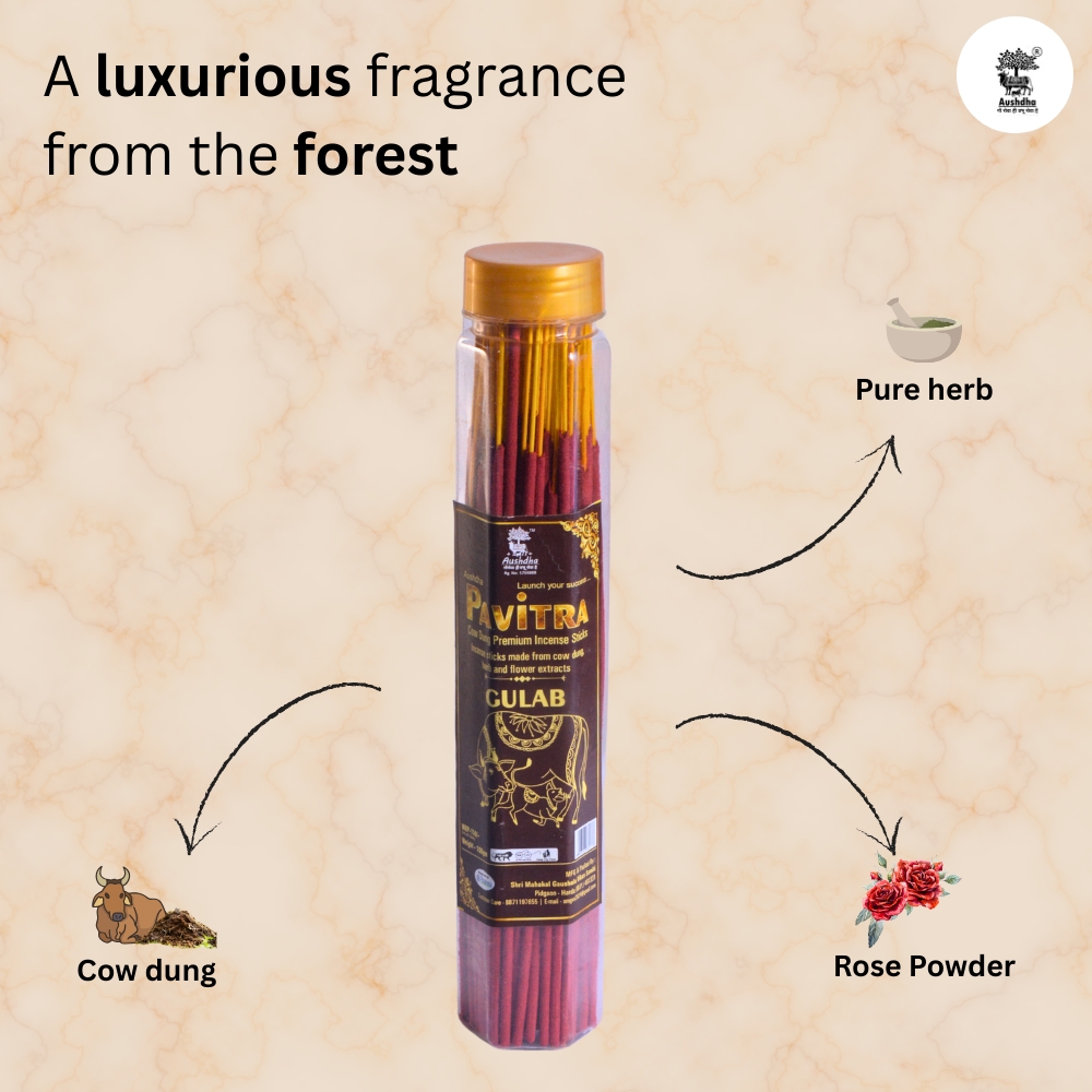 Aushdha Pavitra Cow Dung Premium Incense Sticks –100g (Gulab (Rose) Fragrance )