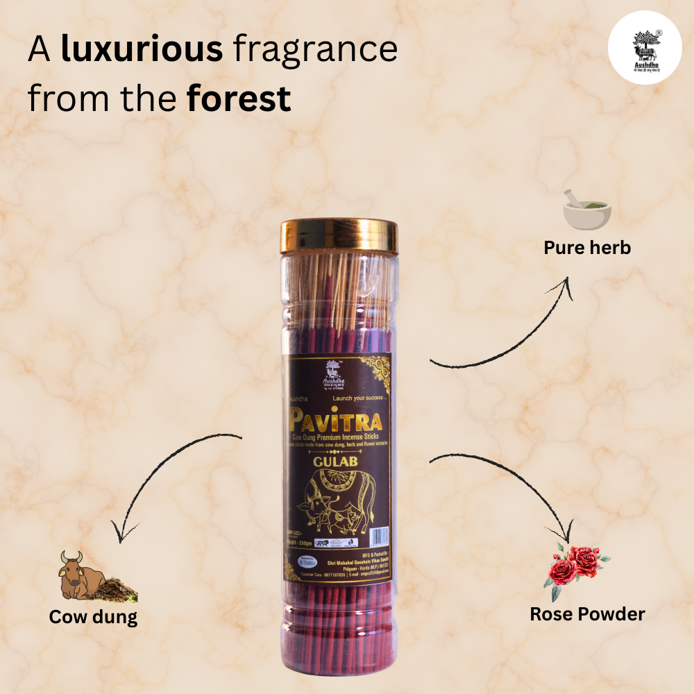 Aushdha Pavitra Cow Dung Premium Incense Sticks –250g (Gulab (Rose) Fragrance )