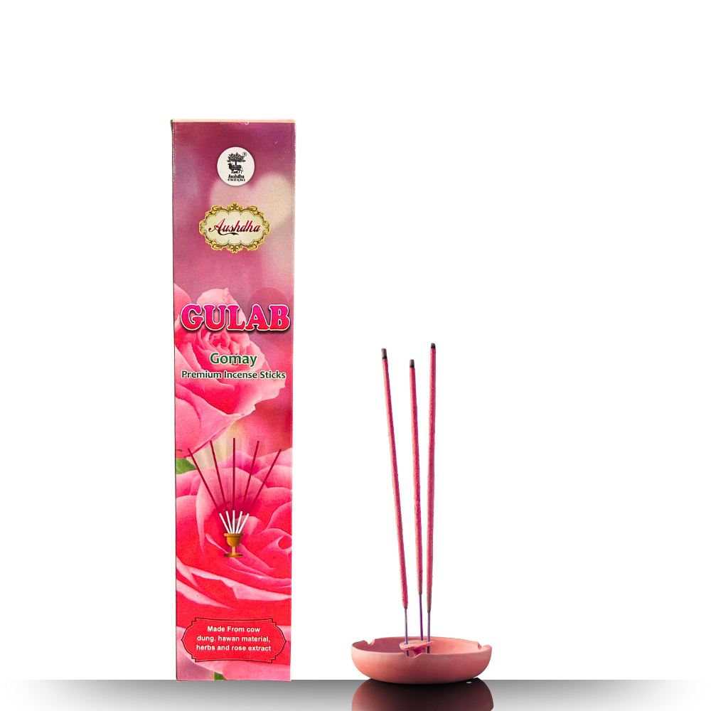 Aushdha Gomay Premium Agarbatti– Mixed Fragrance Pack (Gulab, Chandan, Guggul) – 25g Each | Pack of 12