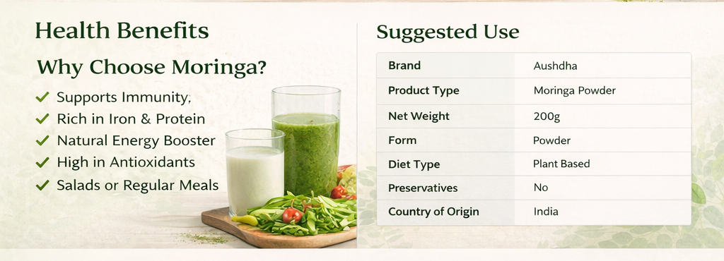 Aushdha Moringa Powder 200g | 100% Natural Plant Based Superfood | No Preservatives